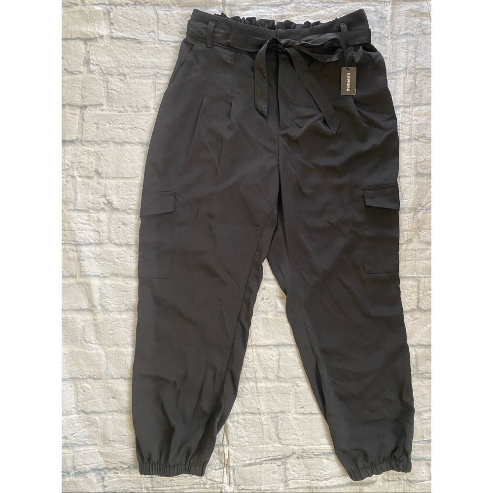 Express women M extreme high rise baggy cargo jogger pants w/toe belt black new